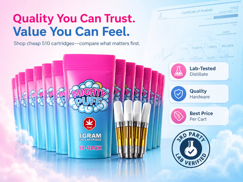 Cheap vape carts Canada buyer’s guide showing Mighty Puff 510 cartridges, lab testing, and hardware quality.